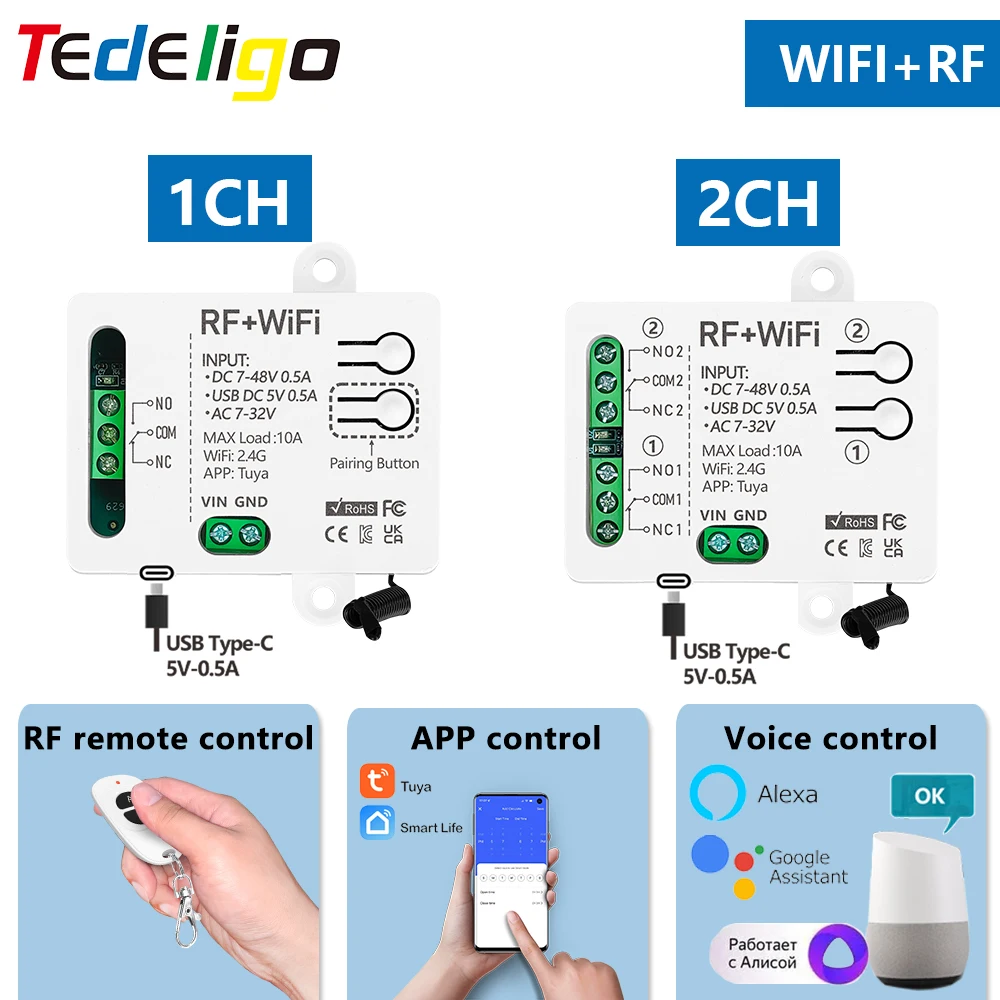 

Tuya WiFi Wireless Remote Control Light Switch 5V 12V 24V 48V 1CH/2CH Dry Contact Relay Alexa Google Home Alice for Lamp/Motor