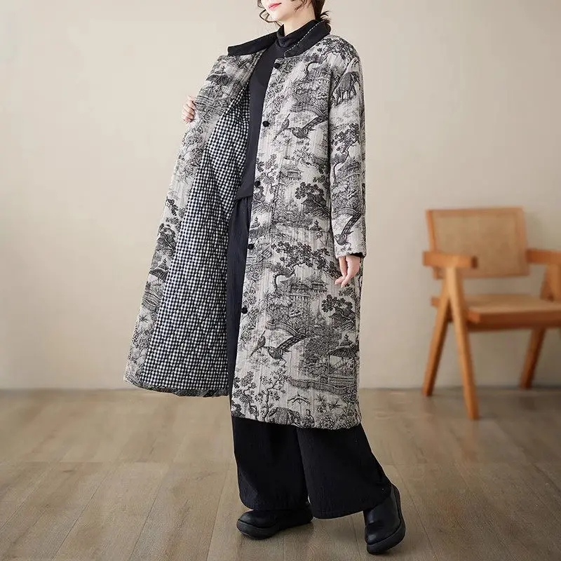 Chinese Ink Print Retro Warm Thick Coat For Women Oversized Loose Pockets Fashionable Quilted Jacket Retro Cotton Clothes Z3703