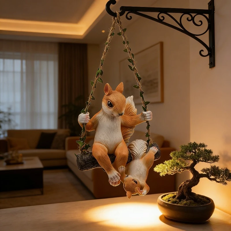 Home Decor Resin Craft Wall Hanging Squirrel Swing DIY Decor for Living Room Bedroom Garden Balcony Kindergarten Wall Accents