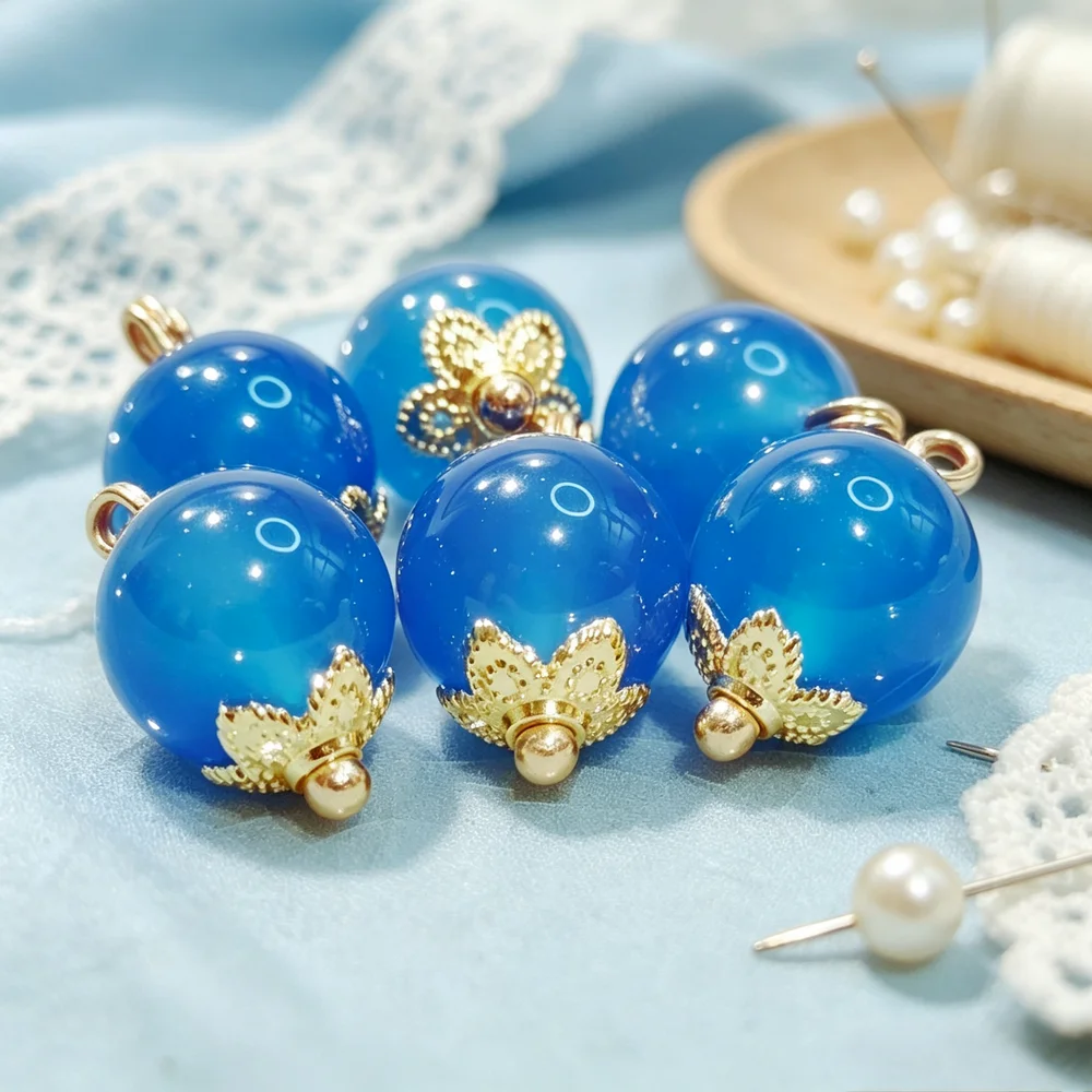 10MM Blue Jade Bead Buttons Handmade Sewing Accessories Natural Ball Stone Button With Flower Holder Design Lucky Coil Mouth