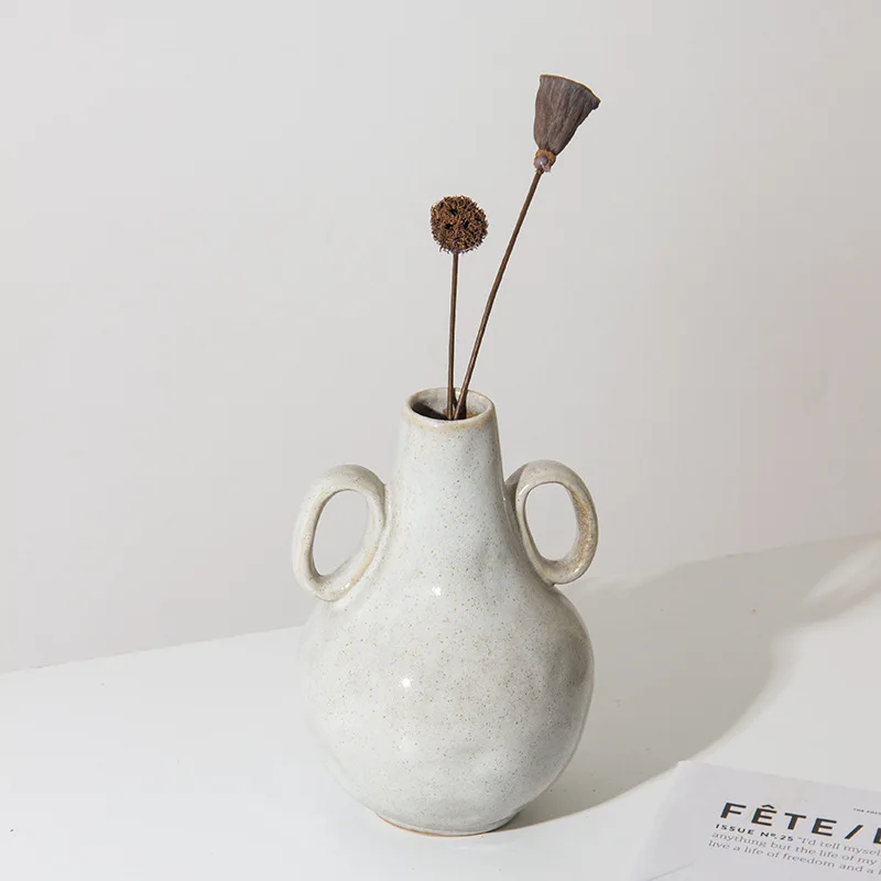CX Ceramic Vase Chinese-style Retro Porcelain Vase Handle Pot Flower Arrangement Accessories Terrarium Home Decoration