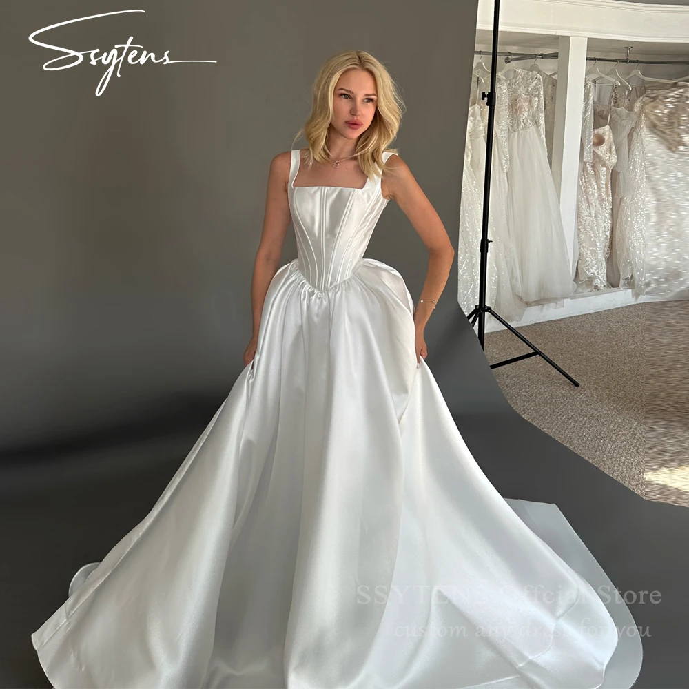 

SSYTENS Satin Square Neck Wedding Dresses Boning Custom Bride Dress Trendy Princess Sleeveless Floor Length A Line Bridal Gowns