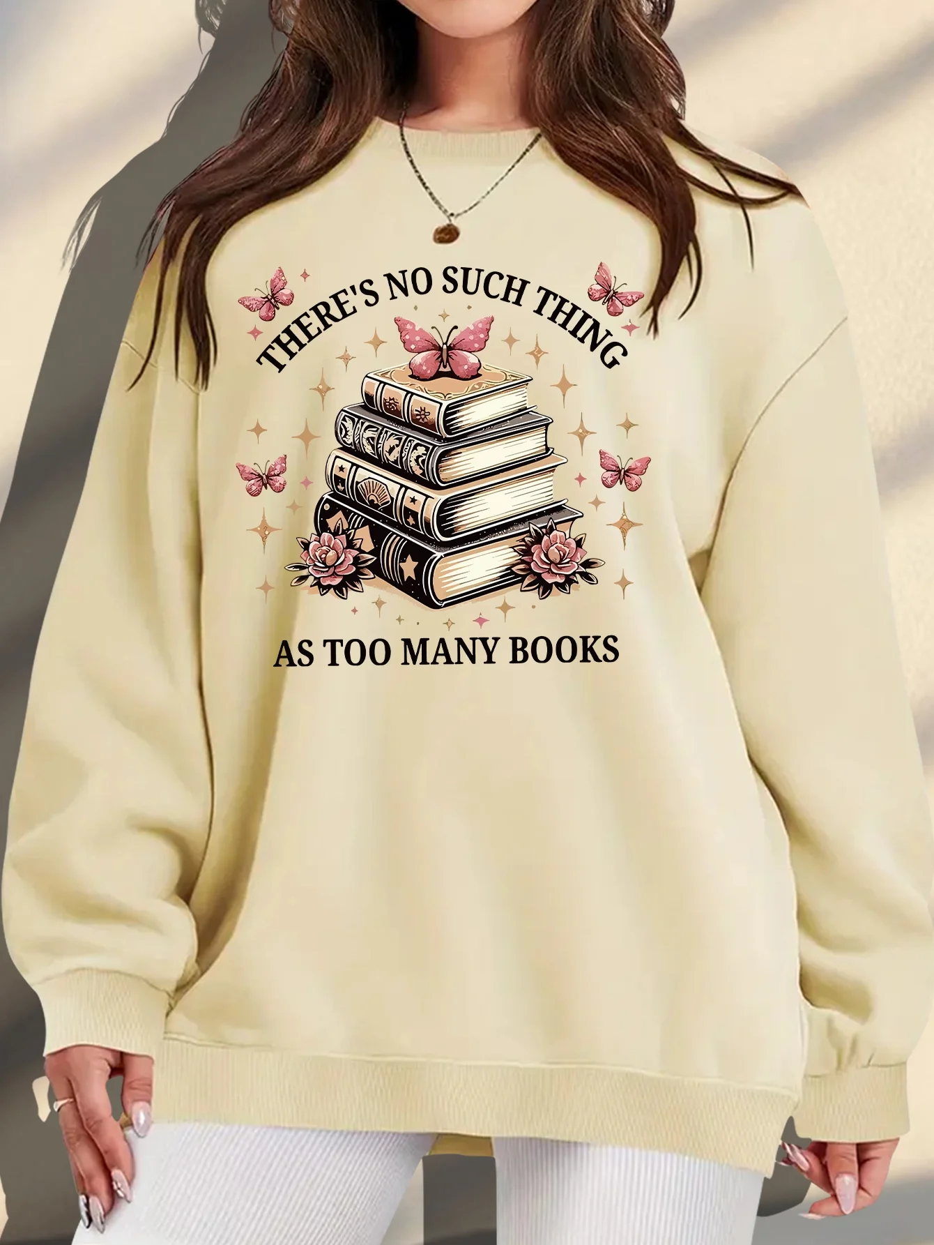 

Women's Plus Size "there's No Such Thing As Too Many Books" Graphic Print Sweatshirt - Soft Peach Casual Pullover with Floral