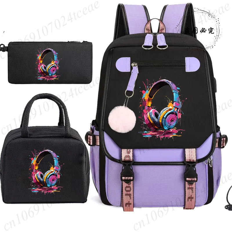 Women Student Schoolbag Game Headphone Printed School Backpack Zipper Teens Girl Casual Bagpack Bag with Pen Lunch Bags 3pcs/set