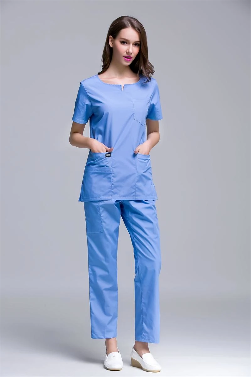 Uniformes de clínica Dental de manga corta con cuello redondo para mujer, ropa de trabajo médica de enfermera, Color azul, moda de verano