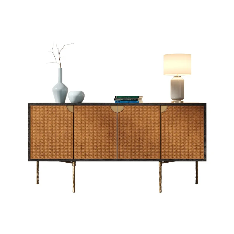 rattan storage cabinet, household living room decoration cabinet, wabi-sandy wind forged wrought iron door cabinet