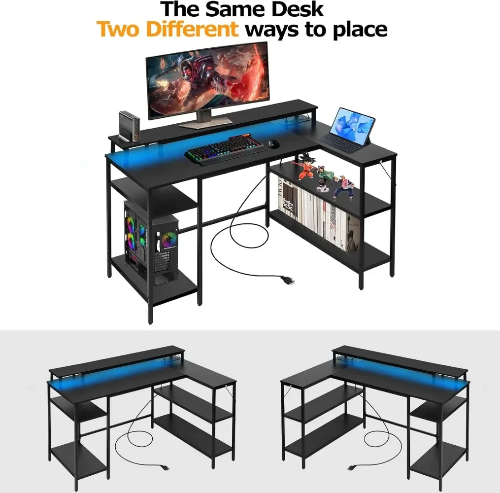 L Shaped Gaming Desk with LED Lights & Power Outlets, Reversible Computer Desk with Stand & Shelves