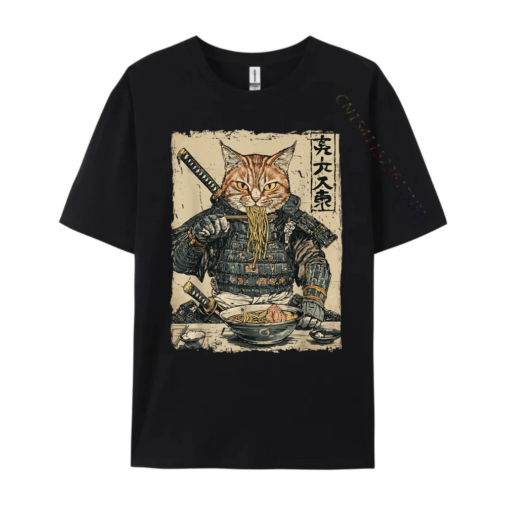 

Bushi Cat Loves Ramen Funny Anime Japanese Artwork Bushi Graphic T Shirts 100% Cotton Camisetas Mens Clothing