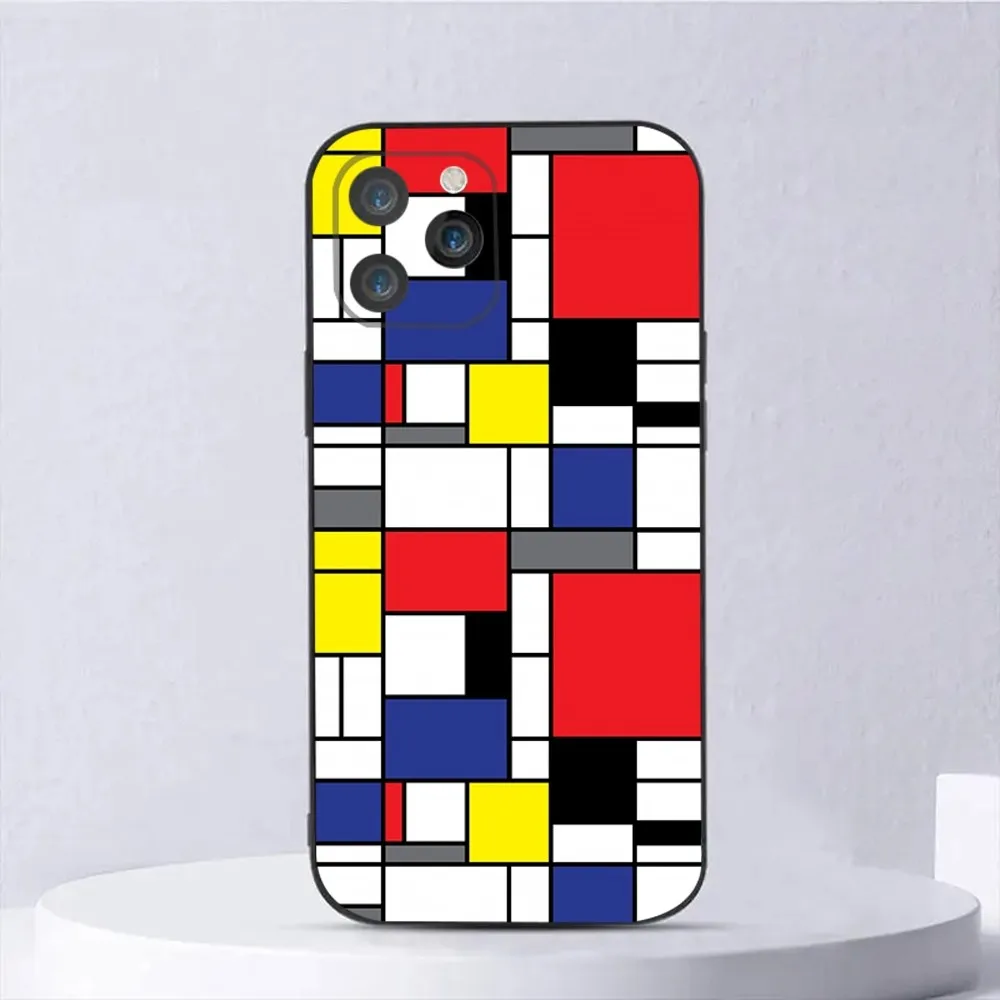 pattern Bauhaus Style Abstract Piet Mondrian Phone Case For iPhone 15,14,13,12,11,Plus,Pro Max,XS,X,XR,SE,Mini,8, Silicone Black