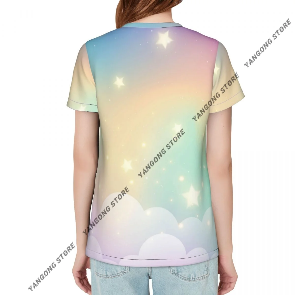 Casual Summer Woman Skinny Fit T-shirt Tight Short-Sleeve O-neck Tee Basic Rainbow Unicorn Background T Shirt