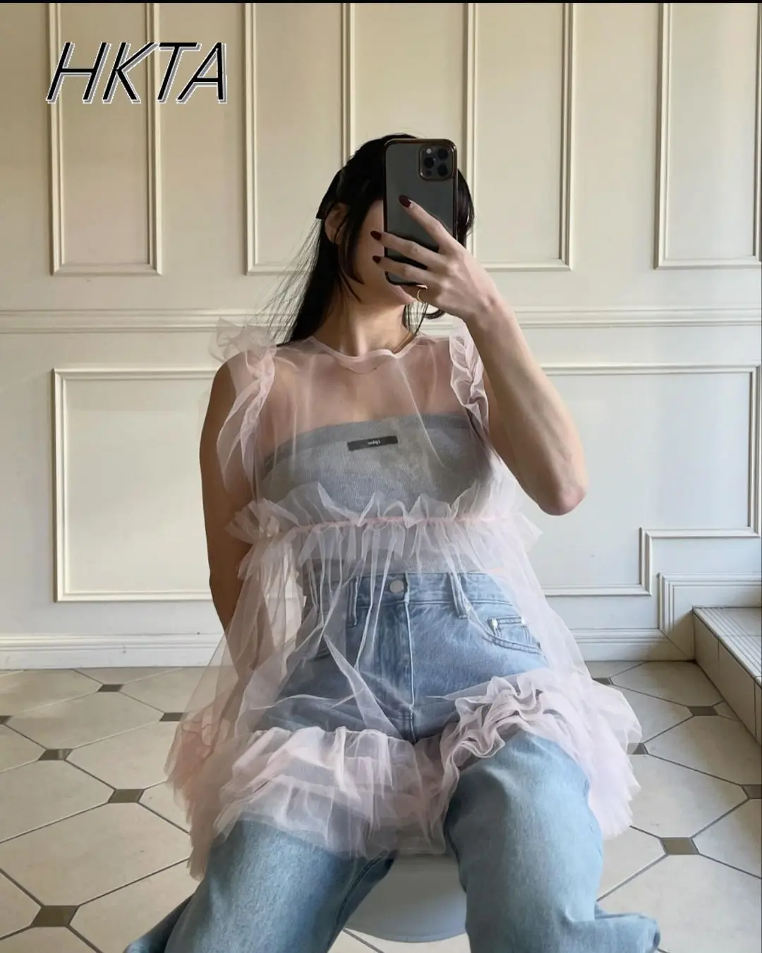 Estilo japonés transparente volantes ribete encaje hasta sin mangas malla exterior camisa blusa niñas mujeres Primavera Verano blusas finas Top