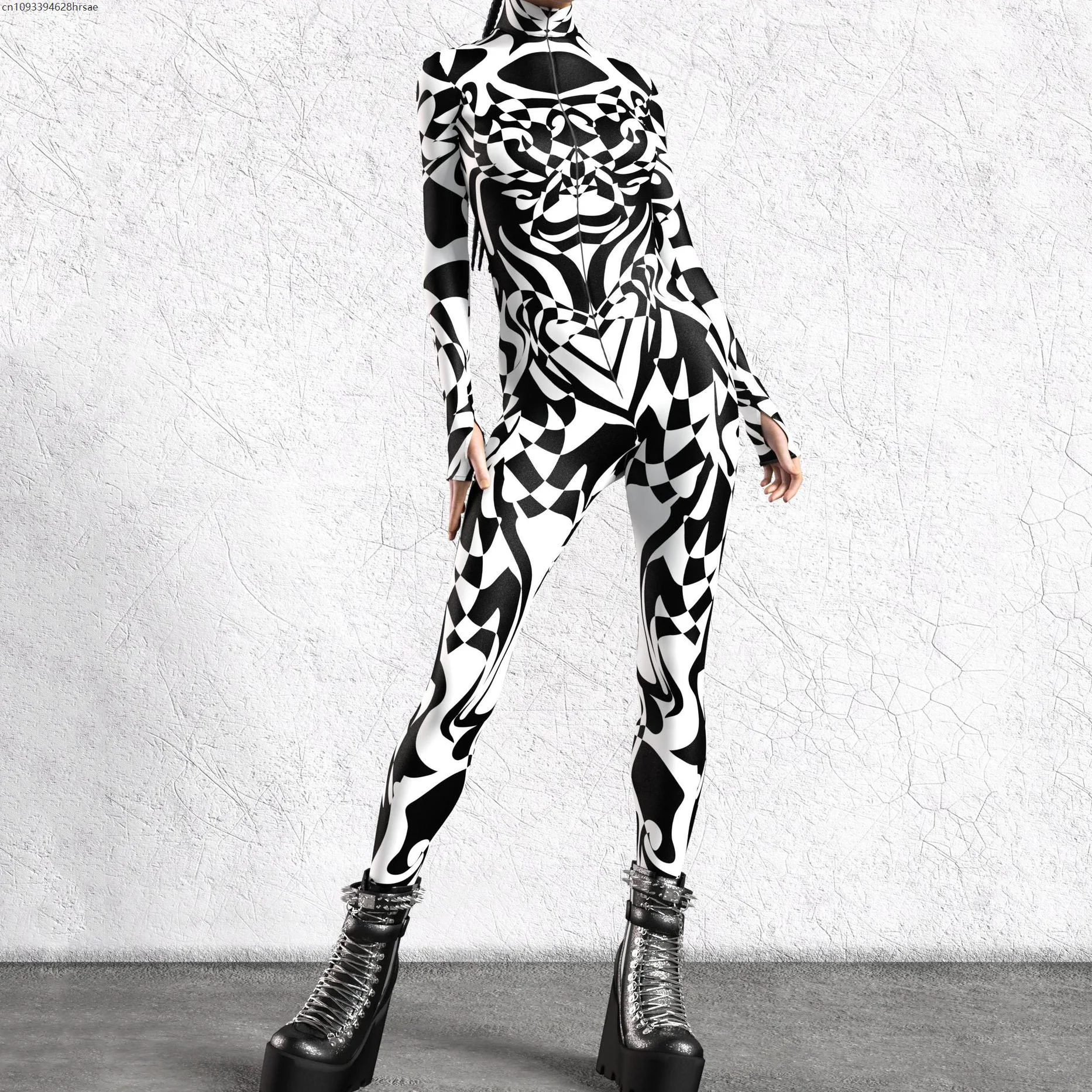 

Simplicity Black White Cyber Art Jumpsuit Holiday Party Cosplay Costume New Year Xmas Shows Women Bodysuit Performance Zentai
