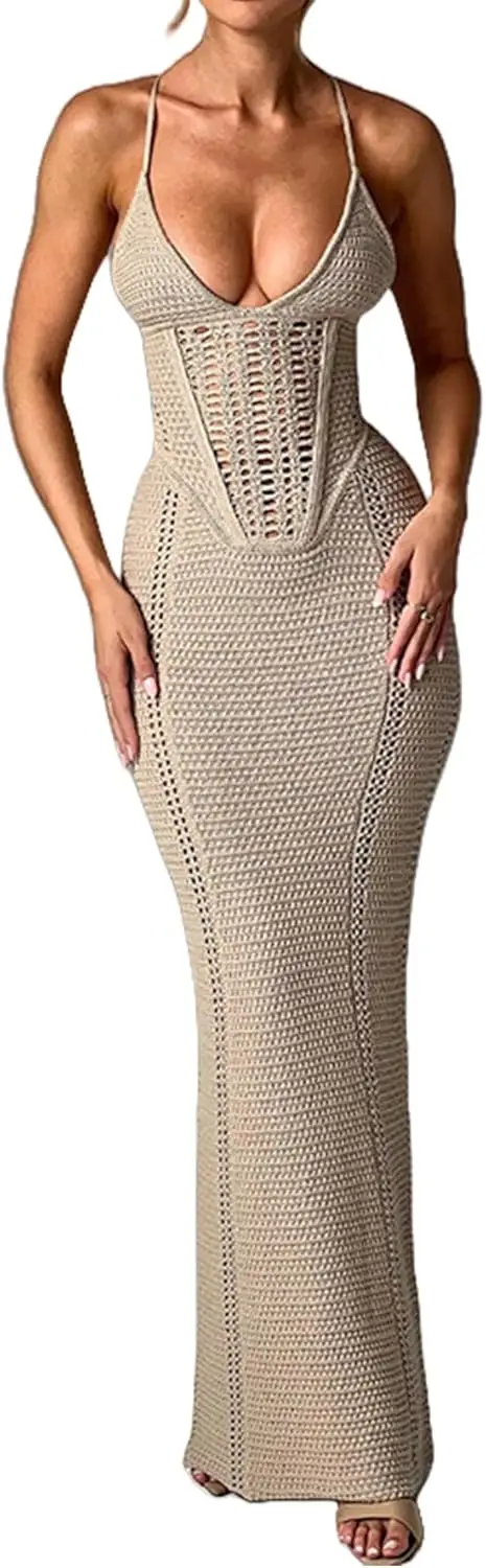 

Women's Crochet Knitted Halter Maxi Dress Sexy Hollow Out V-Neck Lace Up Backless Bodycon Beach Holiday Long Dress Hot dress