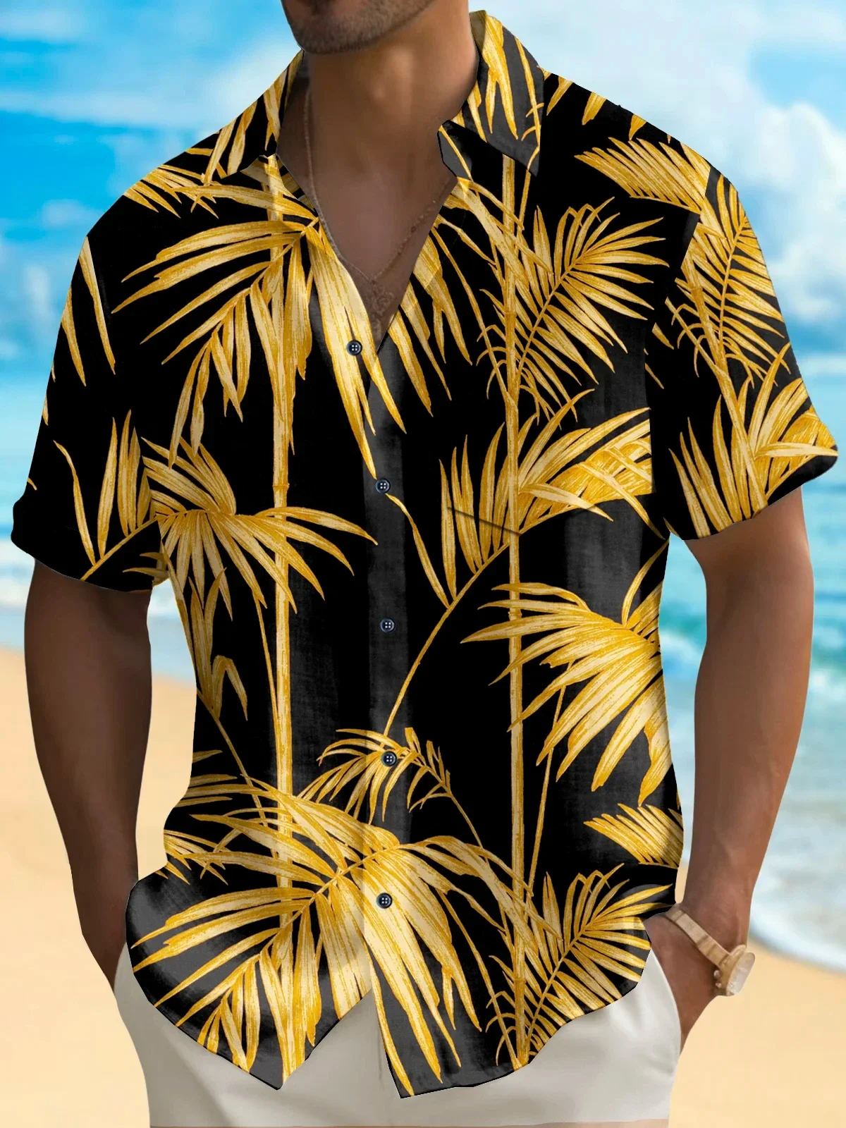 Hawaiian Casual Polyester Shirt, Men, Short Sleeve, Colorful, Surfing, Palm, AMP, Summer