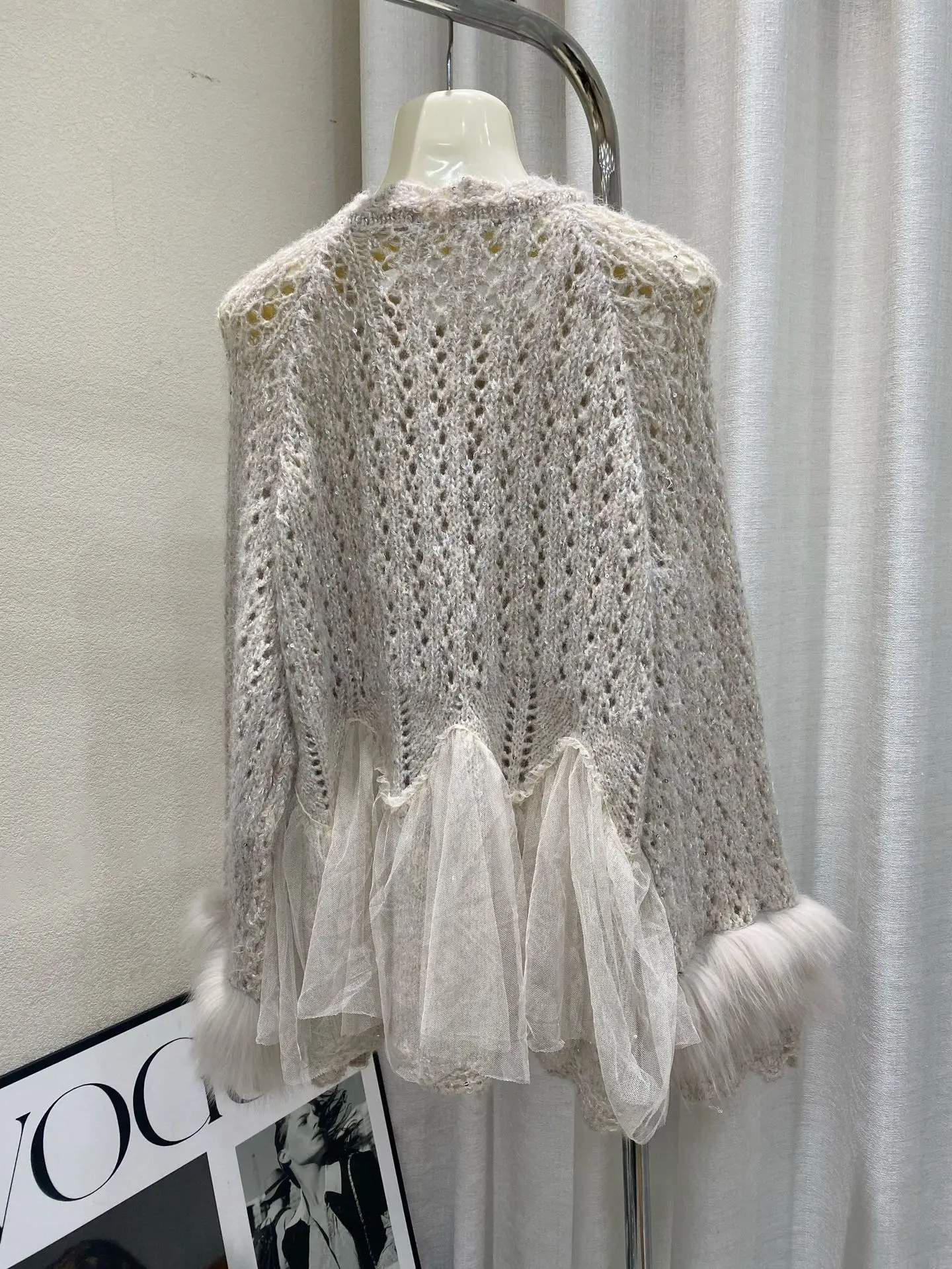 Women 2025 Autumn Winter New Princess Style Faux Fur Splicing Sweater Fur Coats Female Hollow Out Mesh Gauze Knitted Cardigan