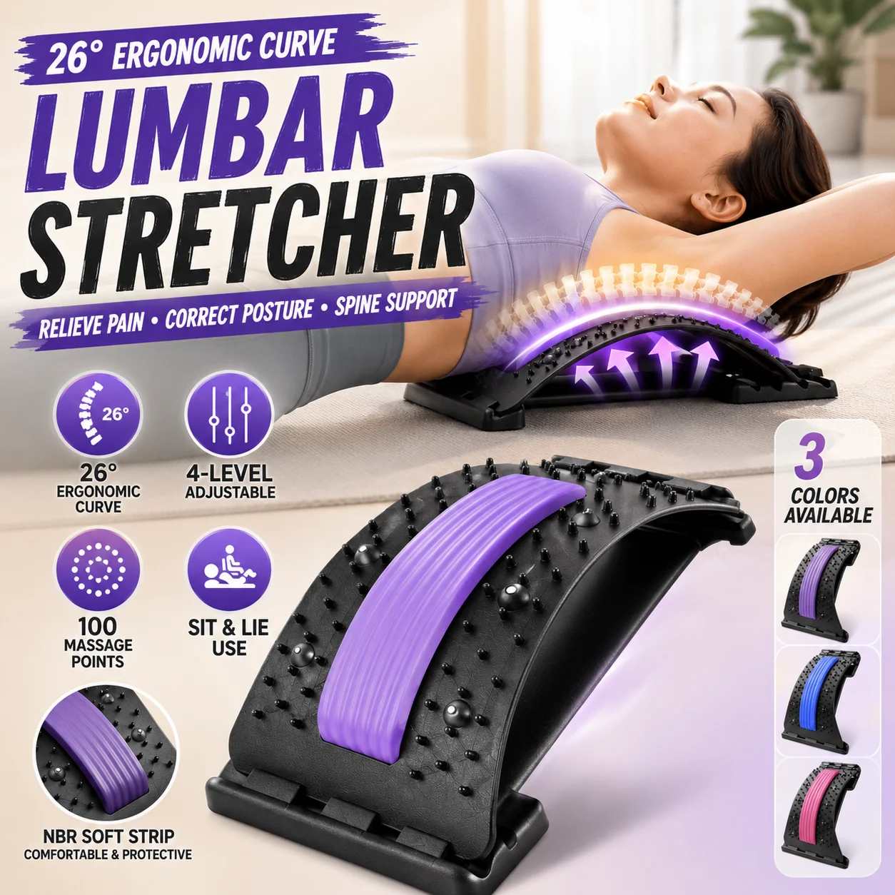 Adjustable Lumbar Stretching Board Magnetic Acupressure Back Cracker NBR Soft Pad Spine Corrector Lower Back Muscle Relaxation