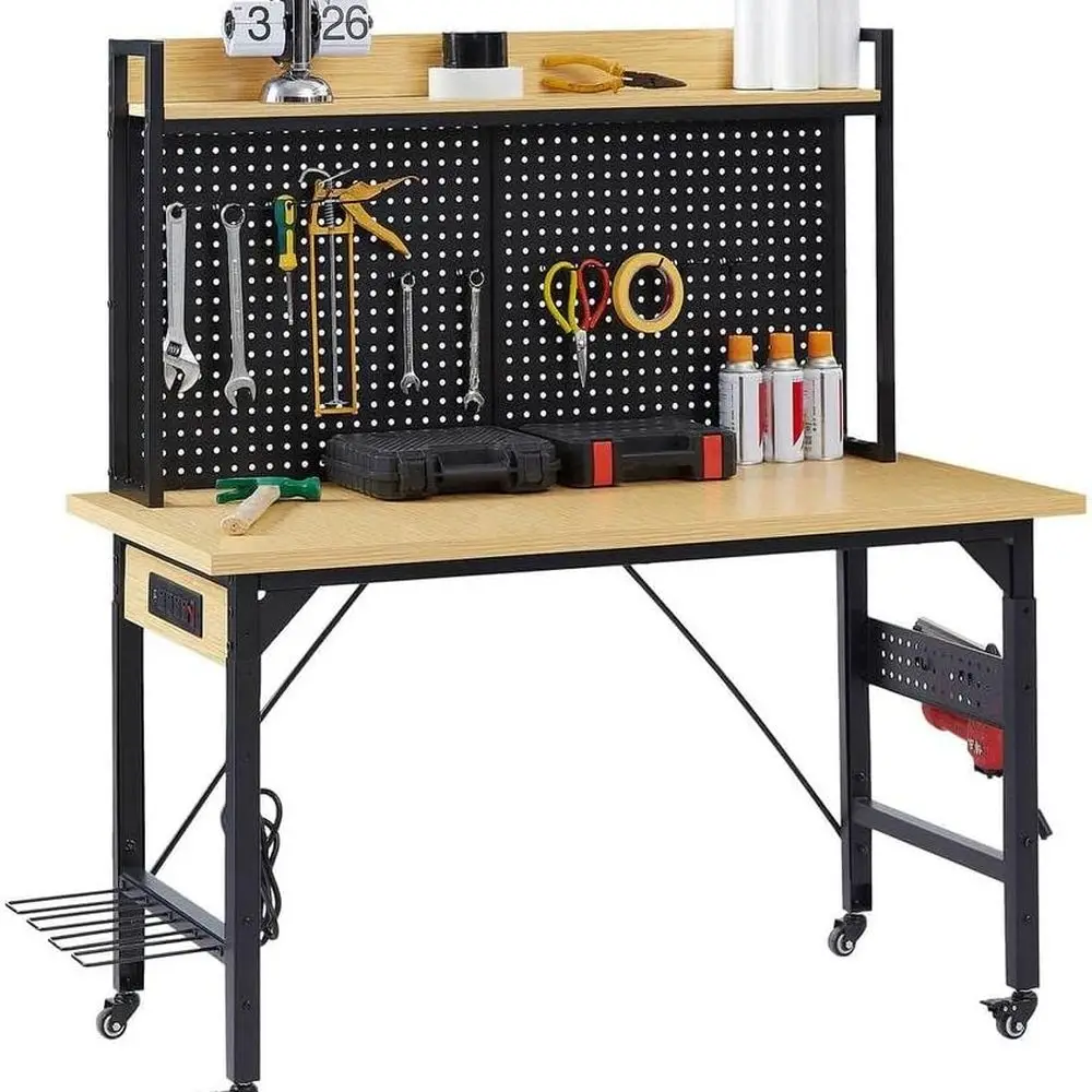 

48 сверхмощных деревянных верстаков с перфорированной доской, выходами, колесами, крючками и полкой, вместимость 2000 фунтов для гаража, мастерской,