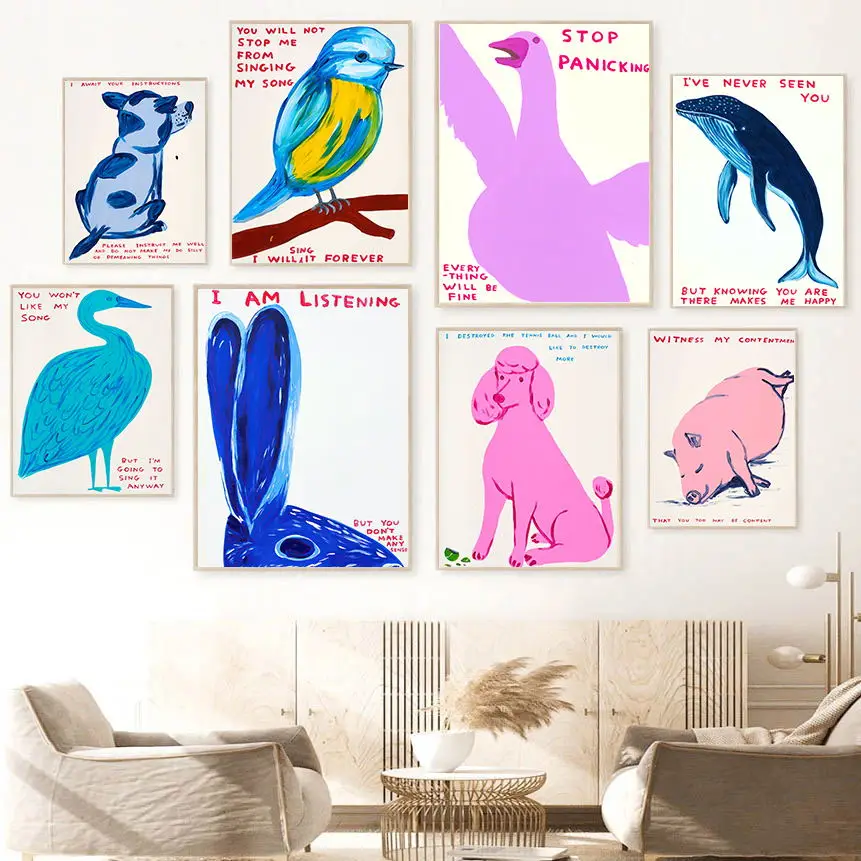 Abstract Poster David Shrigley Goose Dog Rabbit Pig Whale Bird Wall Art Print Canvas Painting Nordic Pictures Living Room Decor