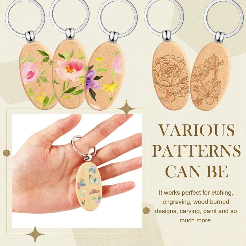 未完成の木製キーチェーンブランク、楕円形、長方形、DIYクラフト、100個