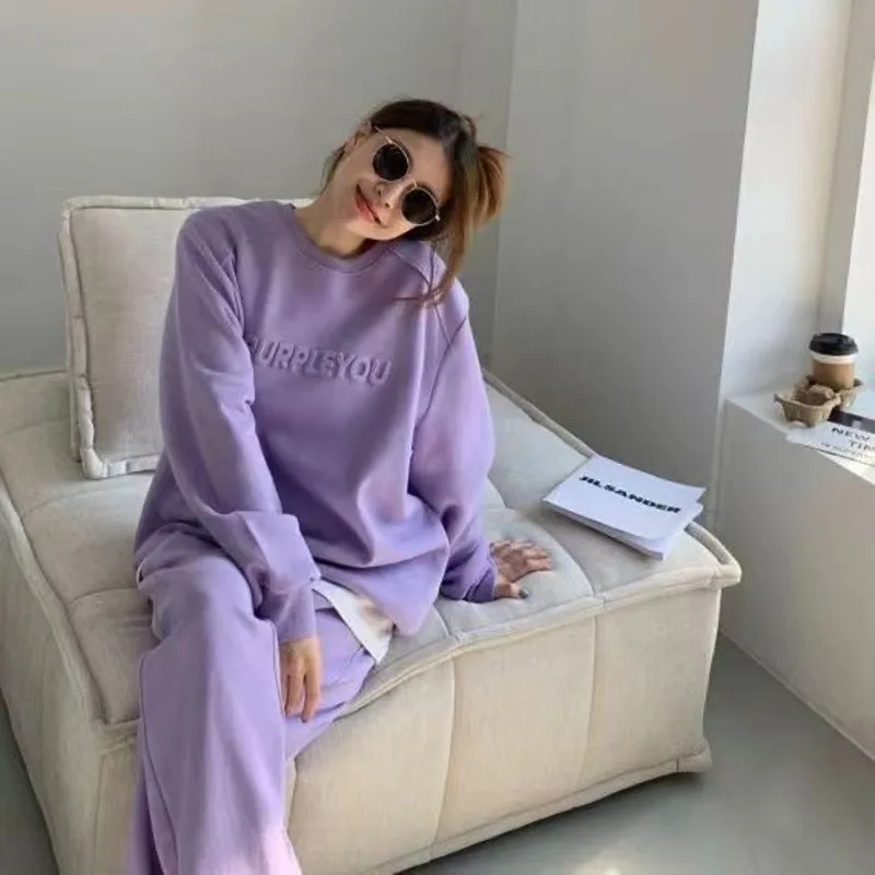 Women\'s Purple Sports Suit Spring And Autumn 2025 New Casual Fashion Style Loose Long Sleeve Sweater Tops Pants 2 Two Piece Set