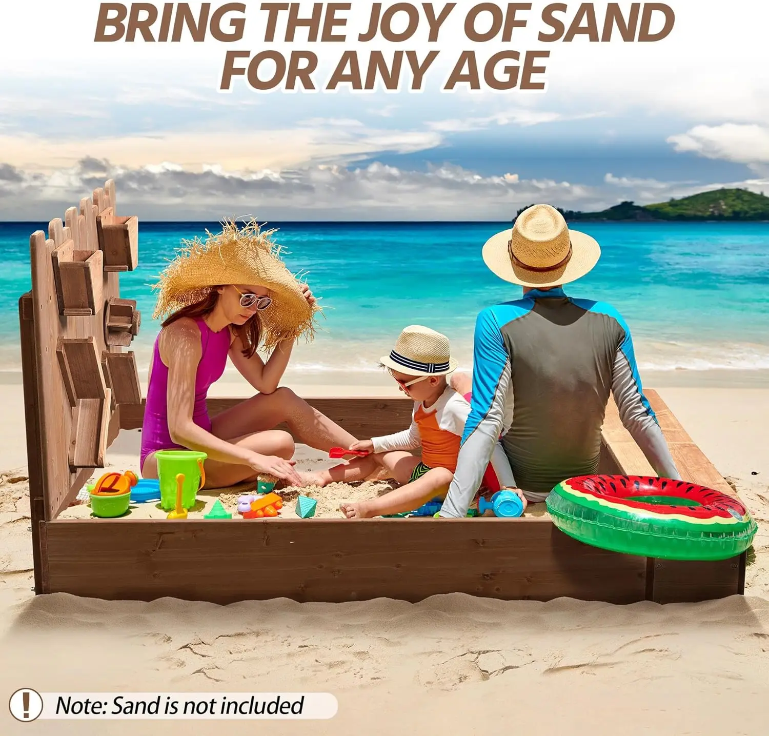 53x44.5in Wood Sand Box for Kids Ages 3-8, Sandboxes for Backyard Patio Garden Beach Outdoor Play Use, w/Fabric Liner Funnel Chu