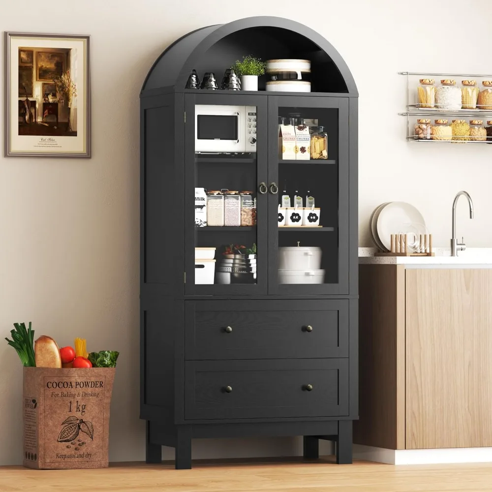 

Cabinet with Glass Doors, 71 Tall Freestanding Pantry Cabinet with 2 Large Drawers and Adjustable Shelf, Farmhouse Wood S