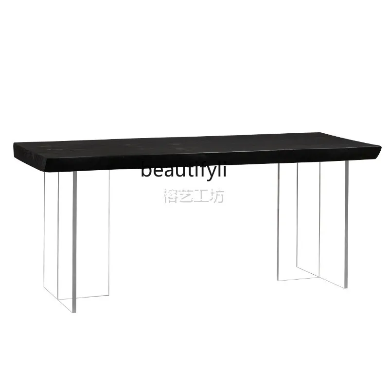 

Retro log large board dining table carbonized black workbench designer creative acrylic suspension tea table