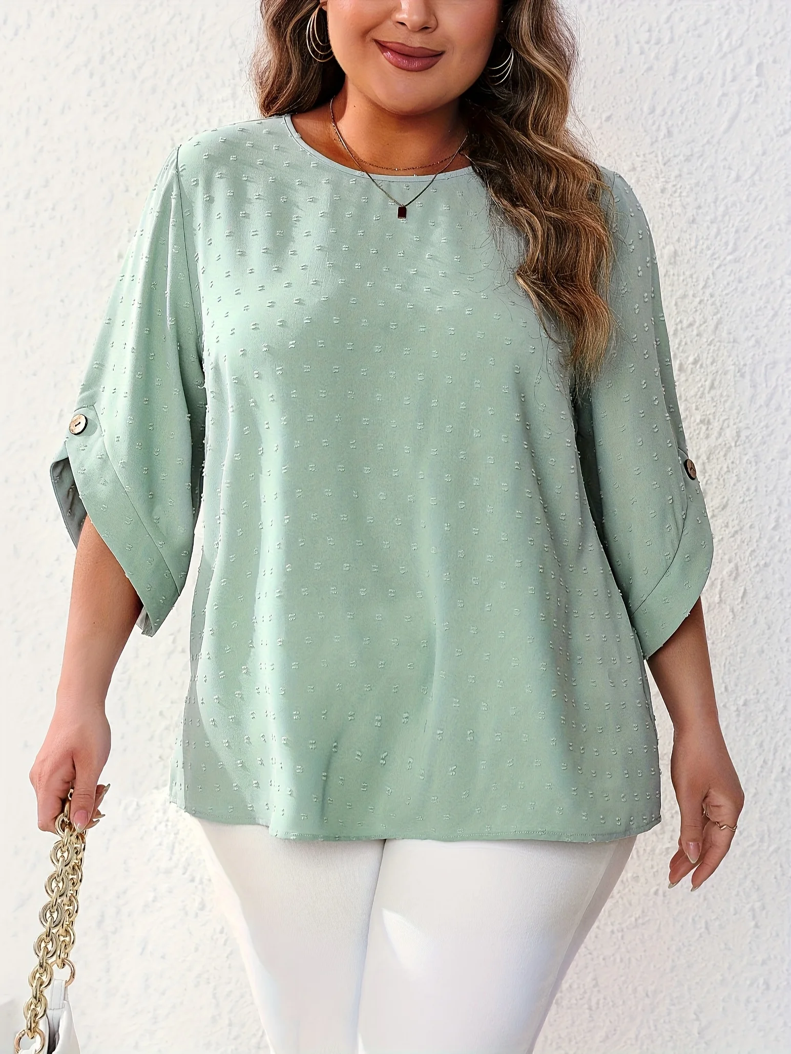 

Женская светло-зеленая текстурированная блузка больших размеров с круглым вырезом, рукавами и пуговицами, свободный повседневный офисный топ 2026, новинка