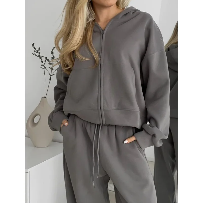 Autumn Women's Tracksuit with Zipper and Trousers  Casual Two Piece Set Women Casual Solid  Pant Sports Suit with A Hood
