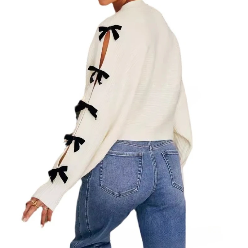 

Autumn and Winter 2025 Women's Casual Solid Color Cardigan Button Bow Sweater