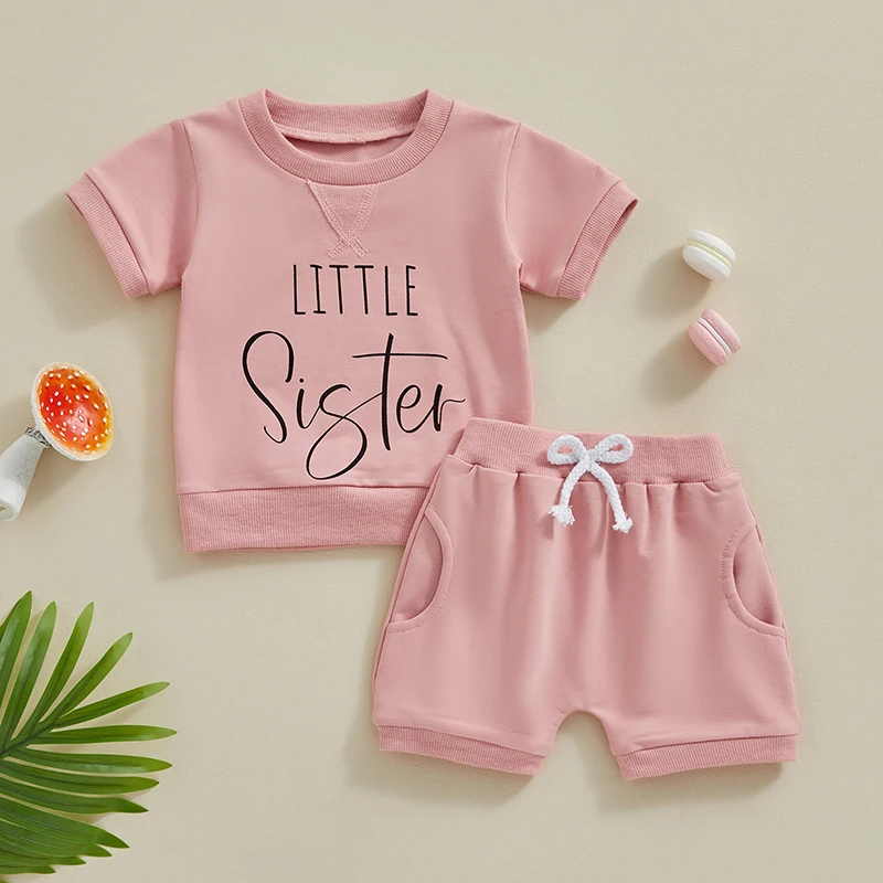 Summer Little Sister Outfit 2 Pcs Baby Girl Clothes Letter Print Short Sleeve T-shirt and Elastic Waist Shorts Set