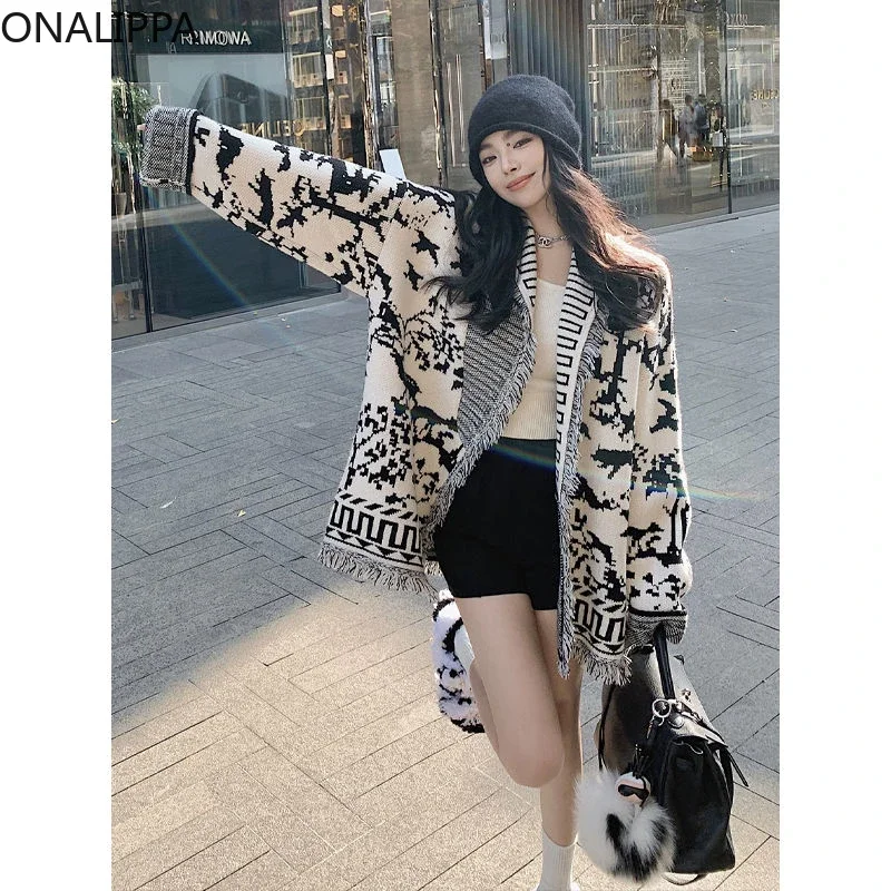 Onalippa Small Fragrance Tassel Oversized Cardigan Contrast Retro Jacquard Knitted Cardigans Korean Notched Collar Sweater