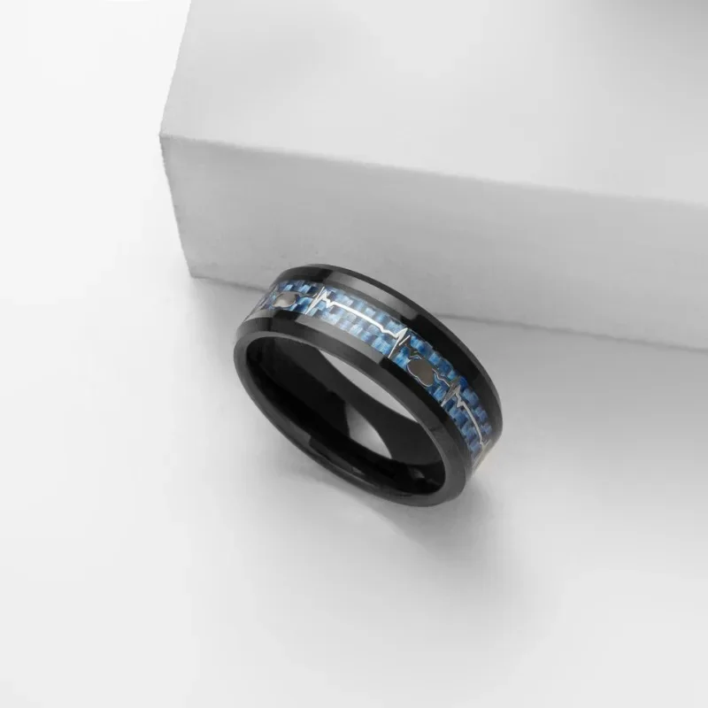 8MM Stainless Steel Carbide Rings Wedding Band For Men Blue Carbon Fiber Finger Ring Heartbeat Inlay Bevered Edge Party Jewelry