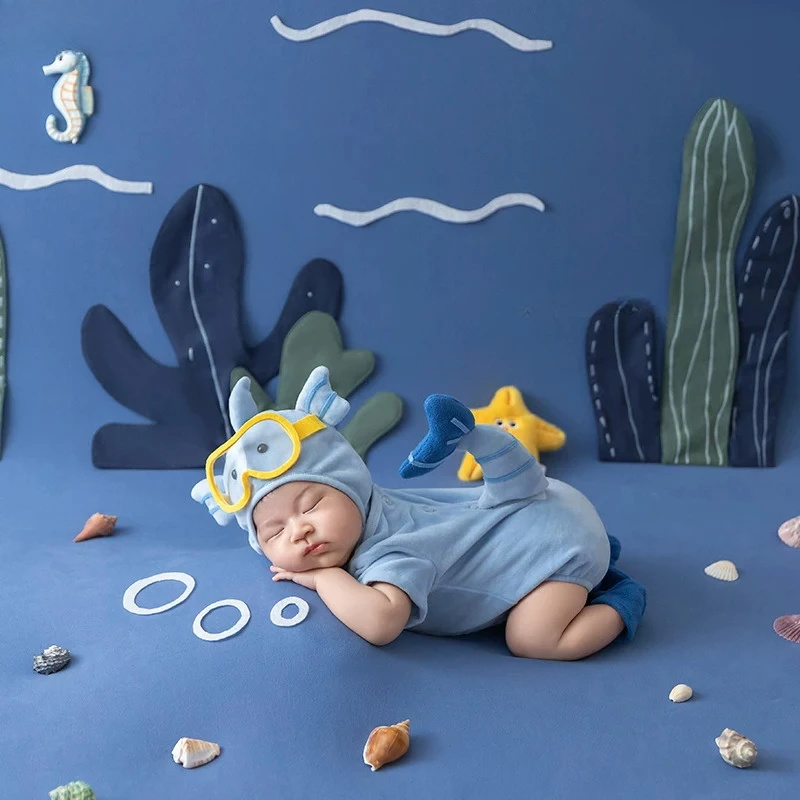 Accessori per Fotografia Neonatale, Sfondo Tema Mondo Sottomarino con Pesci e Conchiglie, Set Decorativo per Servizi Fotografici in Studio