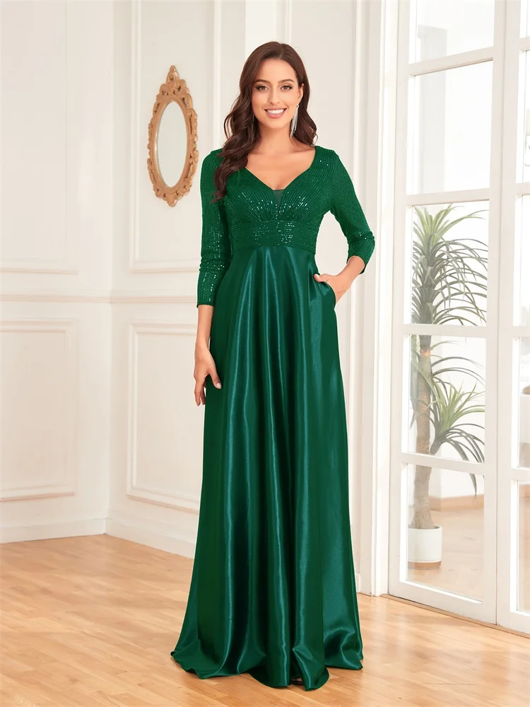 

Elegant Sequins Splicing V-neck Long sleeve Evening Dresses luxury Women Satin Wedding Party Prom Floor Length Formal Gowns