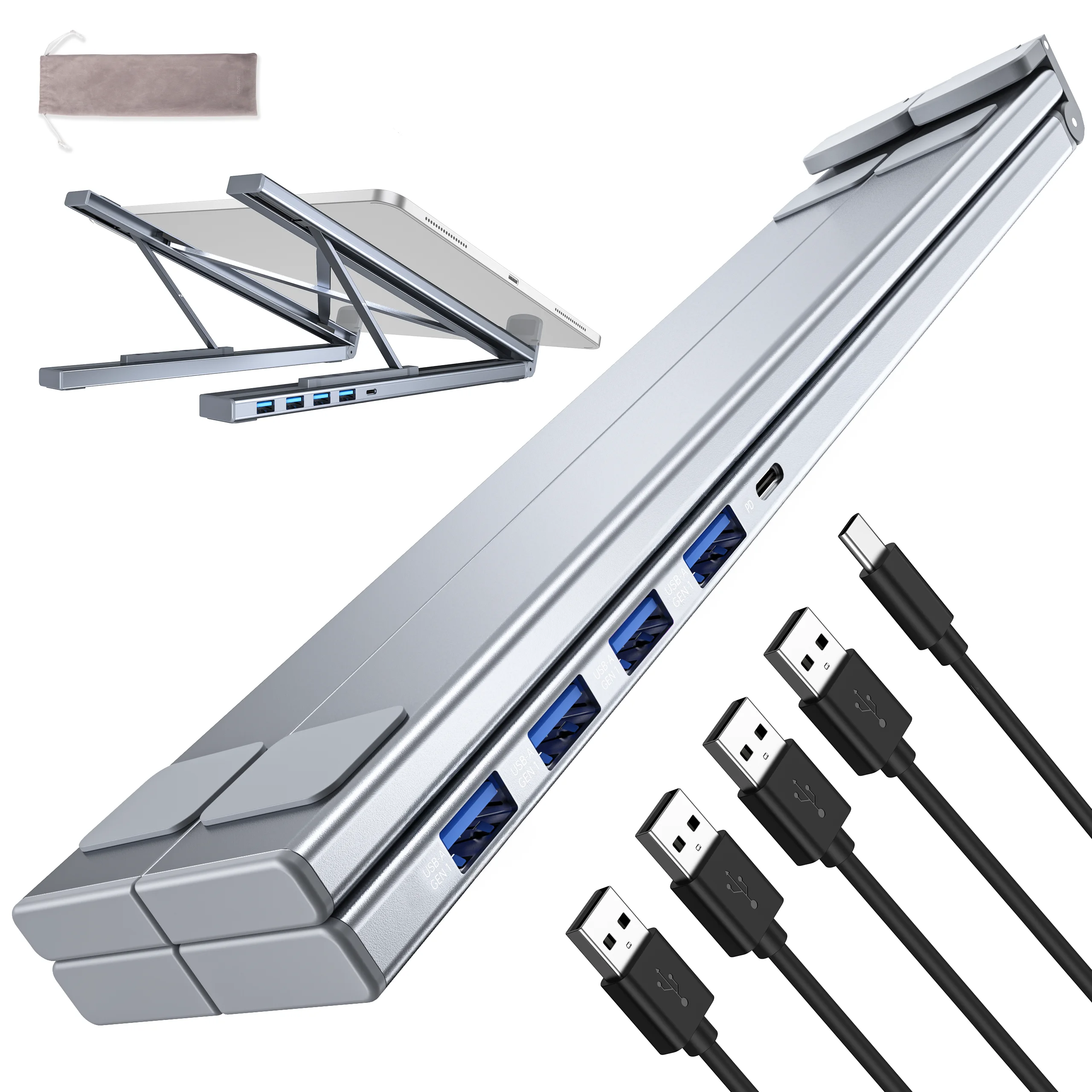 USB-C laptopstandaard, draagbare computerstandaard met USB-hub, 4-poorts USB 3.0 multiportadapter, verstelbare tabletstandaard.