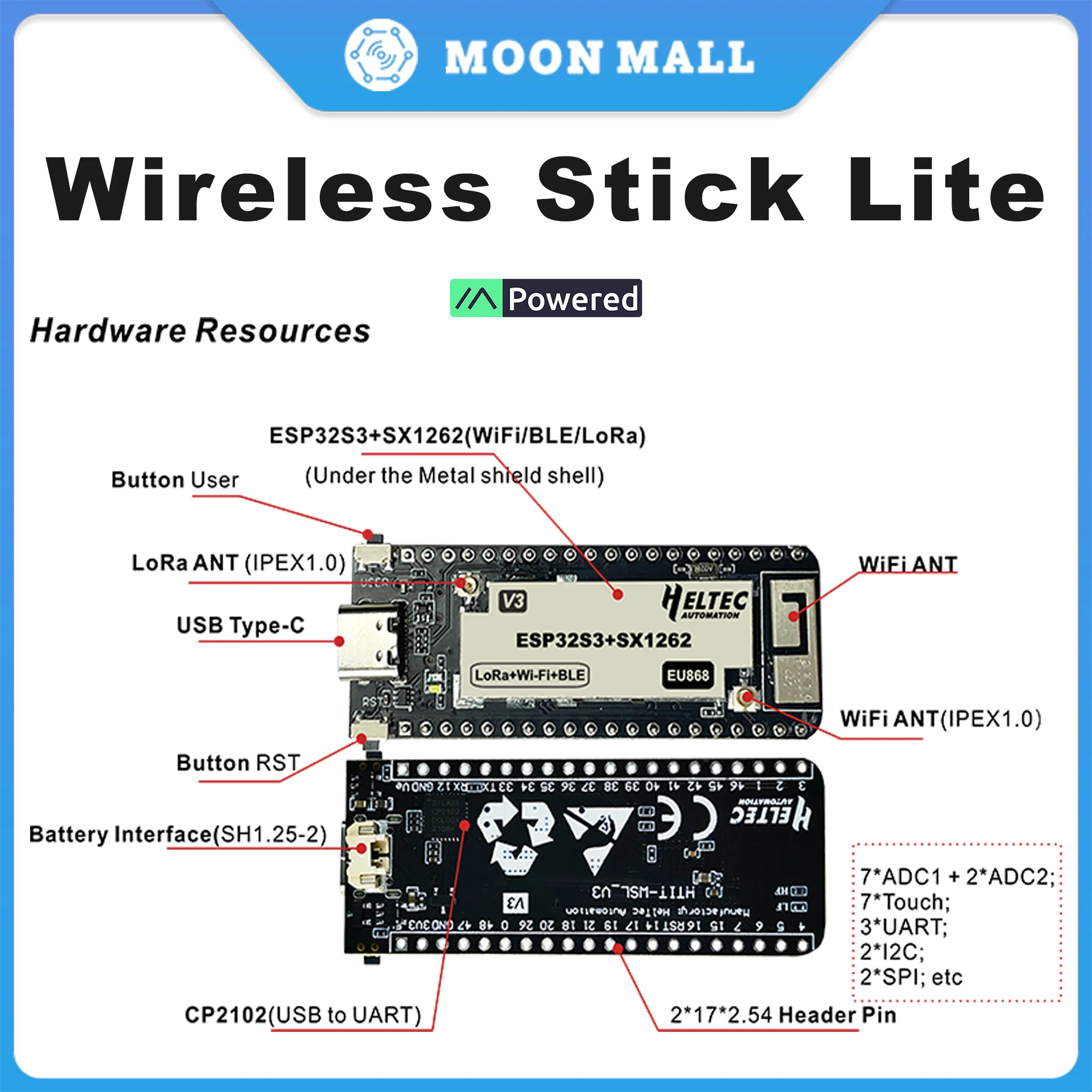 

Heltec LoRa Wireless Stick Lite V3 LoRaWAN ESP32 SX1262 Support Bluetooth WiFi and LoRa Connection Arduino® IOT