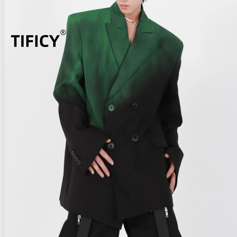 High Street Blazers Men's Black Green Gradient Shoulder Padded Silhouette Suit Jacket Loose and High-end Unisex Suit