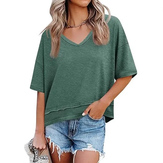 

2026 Spring/Summer New Women's Solid Color V-Neck Mid-Sleeve T-Shirt with Spliced ​​Hem Stylish and Loose Top