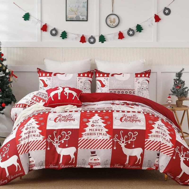 

Christmas tree reindeer snowman pattern duvet cover with 2 pillowcases, soft red bedding set for holiday and New Year gifts