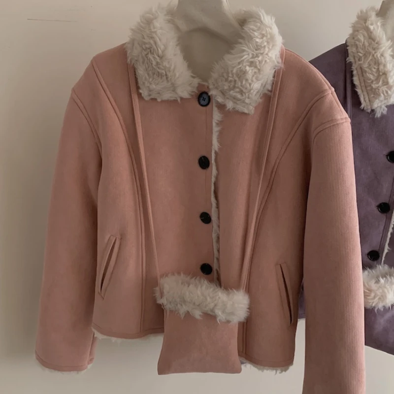 

Solid Patchwork Turn-down Collar Jacket for Women Winter Fur All-in-one Long-sleeved Thick Warm Top with Matching Shoulder Bag
