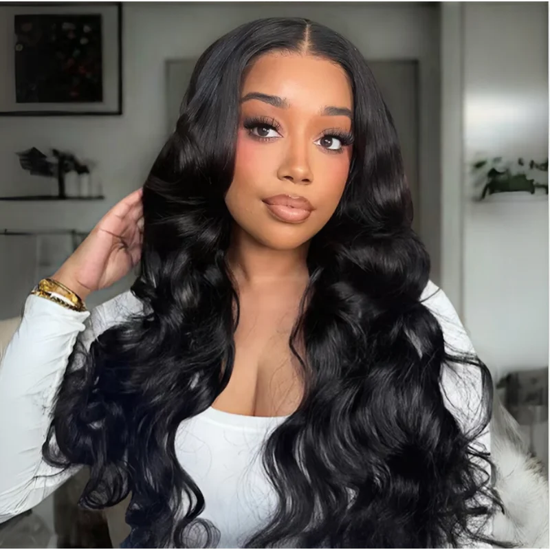 Pelucas delanteras de encaje 13x6, cabello humano de 200 de densidad, pelucas frontales de encaje HD con ondas corporales, cabello humano prearrancado, Frontal sin pegamento negro Natural W