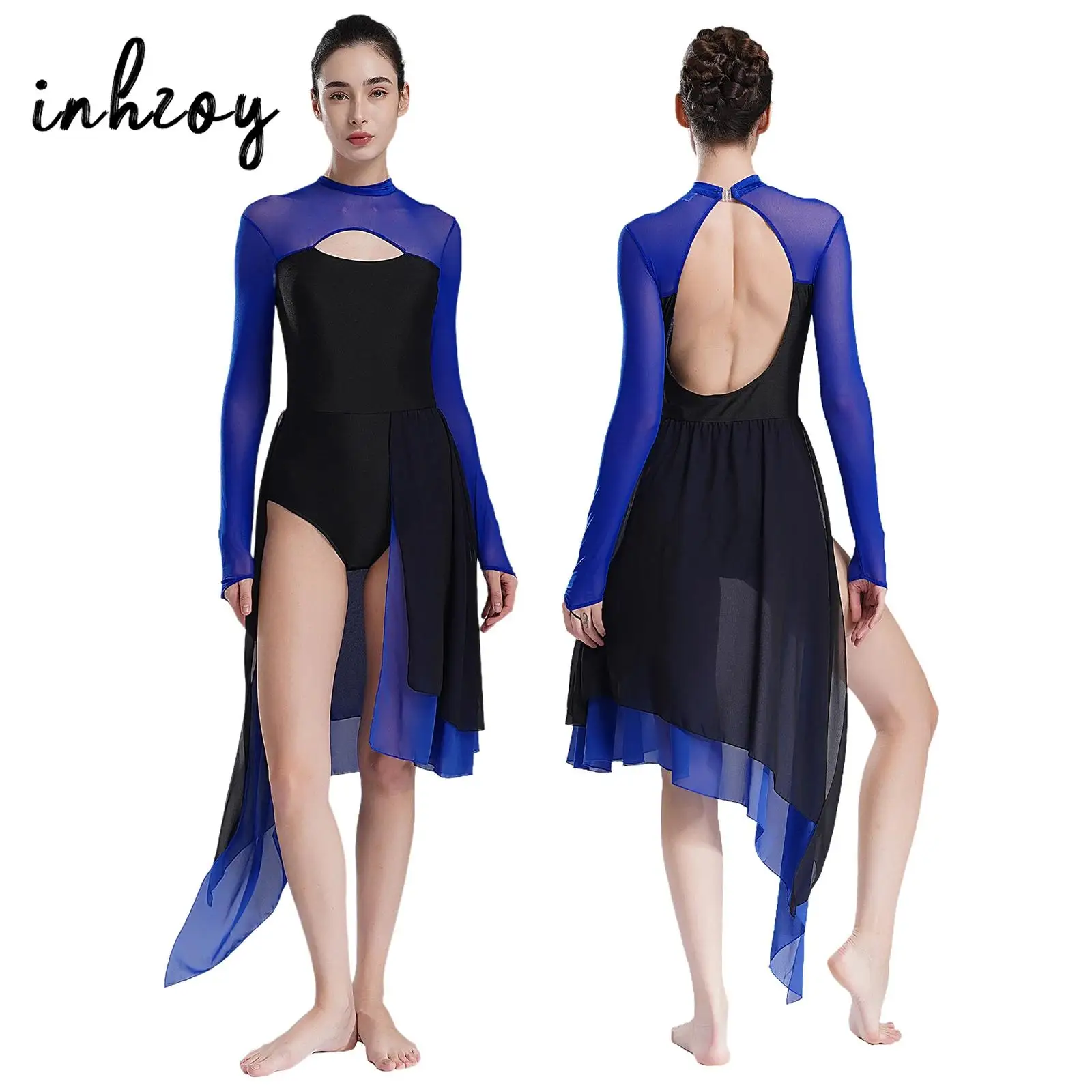 Women Modern Lyrical Dance Dress Cutout Backless Mesh Long Sleeve Irregular Skirt Leotard for Gymnastics Ballet Figure Skating