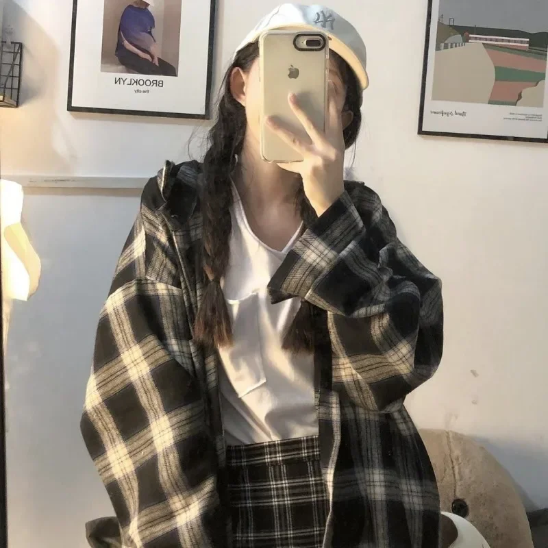 

Korean Style Plaid Oversized Shirt Vintage Harajuku Streetwear Casual Youth Blouses Long Sleeve Autumn Women's Clothes