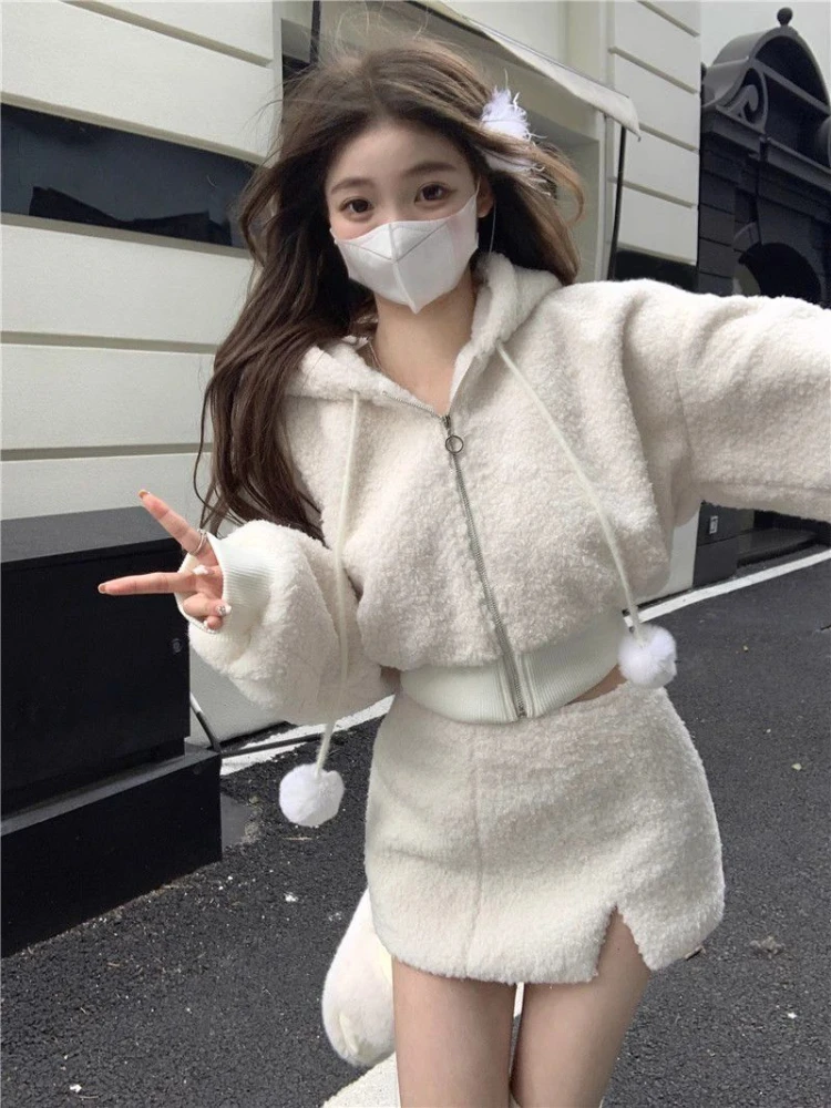 2023 Autumn Pure Color Sweet 2 Piece Skirt Set Women Outwear Casual Hooded Coat + Slim Elegant Mini Skirt Korean Fashion Chic