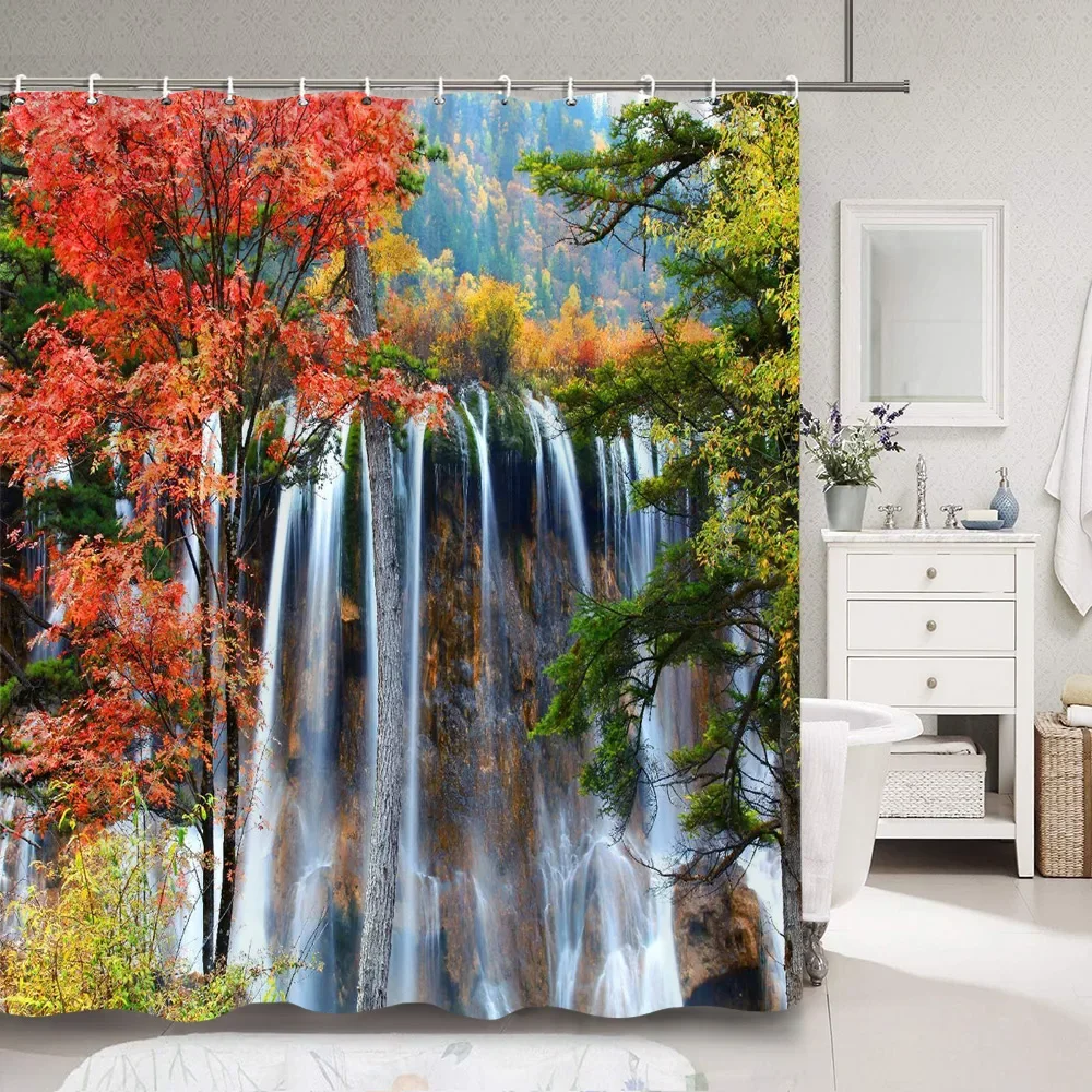 Autumn Forest Scenery Shower Curtain Red Maple Leaf Waterfall Nature Landscape Polyester Fabric Shower Curtains Bathroom Decor