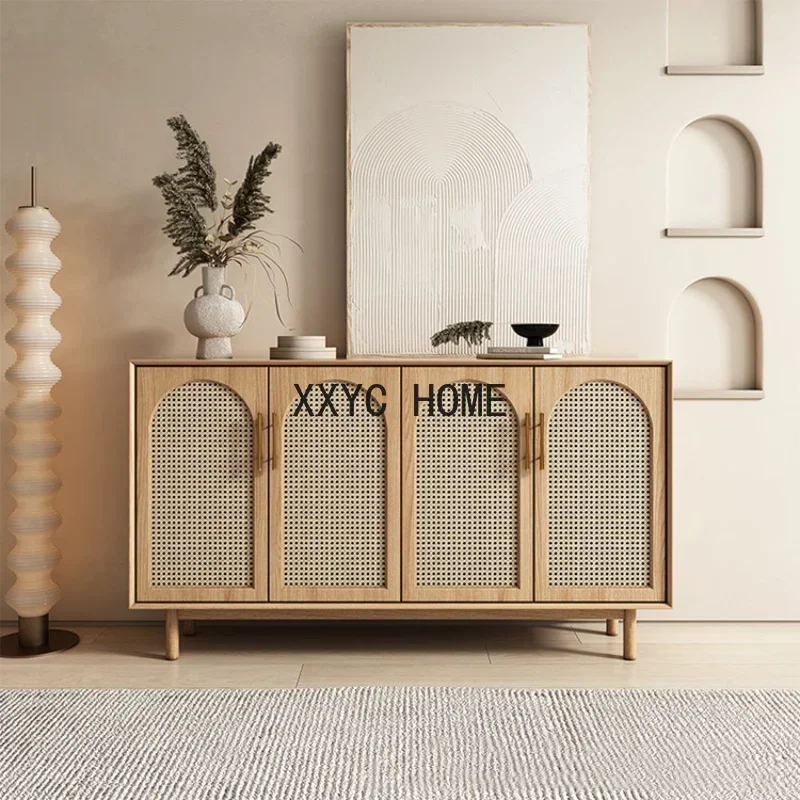 Il prodotto può essere personalizzato. credenza in rattan in legno massello per la casa, soggiorno, armadio a quattro ante moderno