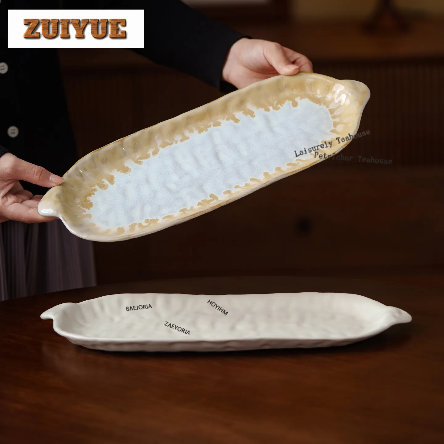 Kiln Fambe Double Ear Long Plate For Home Use Serving Platter Dessert Plate High-end Western Restaurant Ceramic Tableware