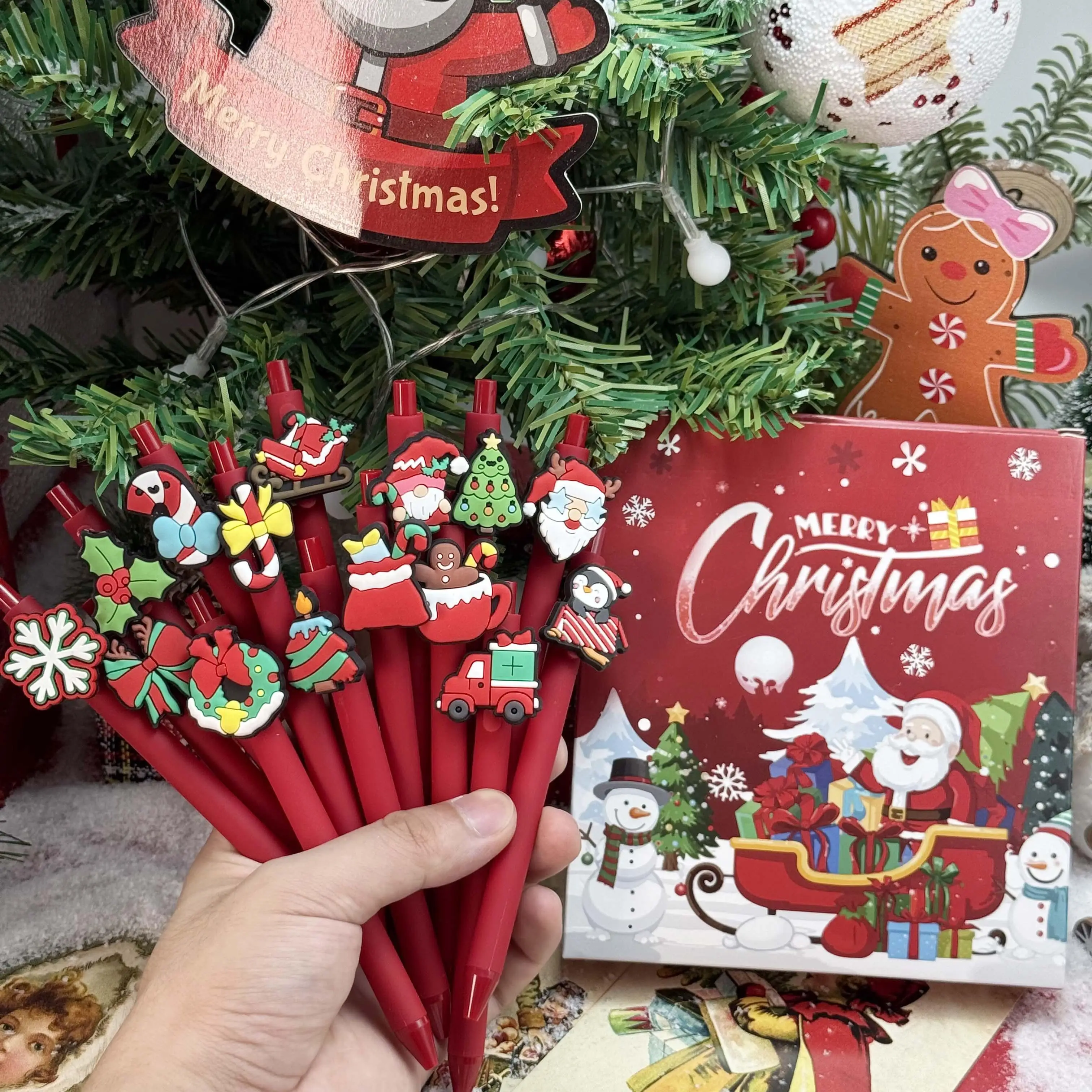 10Pcs Christmas Click Ballpoint Pens, Cartoon Gingerbread Man Santa Snowflake, Black Ink Smooth‑Writing Stationery