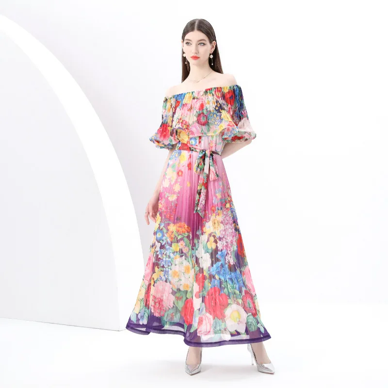 

2025 Early Spring New Women's Painted Vacation Style One-Shoulder Pleated Ruffled Print Maxi Dress A001